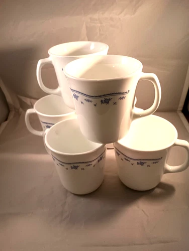 Corelle Morning Blue Coffee Cups  8 Oz Mugs Corning Blue Flowers USA Set of 6