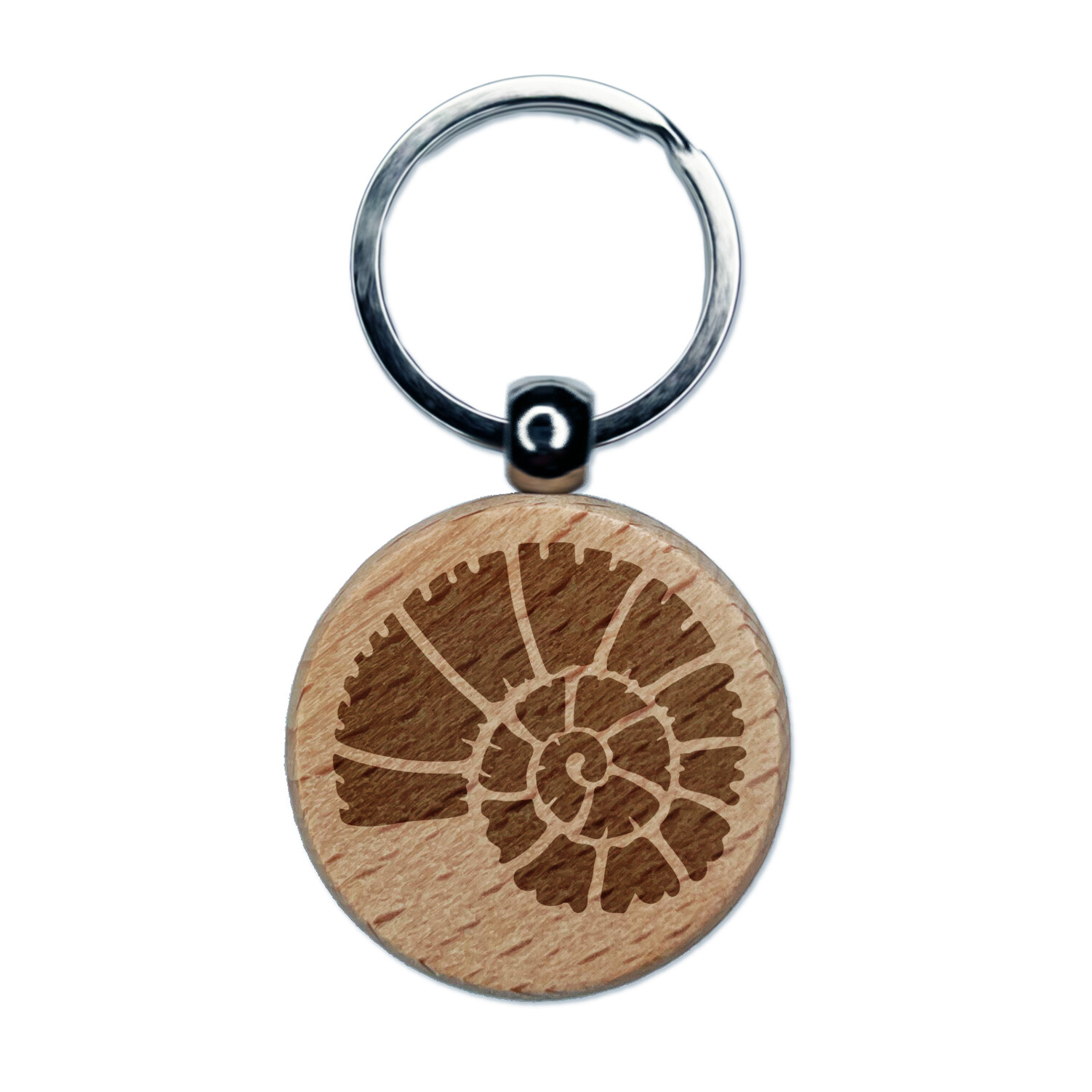 Spiral Ammonite Fossil Marine Mollusk Engraved Wood Round Keychain Tag Charm