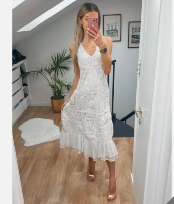 ワンピース THEREDTHREAD S pattern lace dress ZARA $169 V-NECK CONTRAST CROCHET KNIT LACE MIDI DRESS WHITE 3185