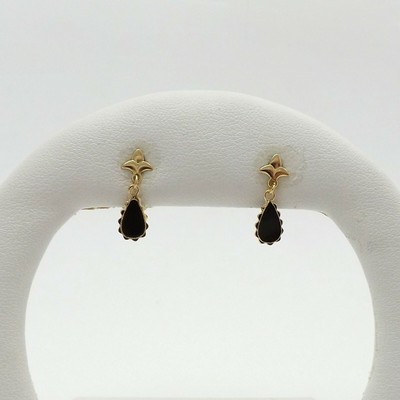 Neu 14K Gold Petite schwarze Emaille Fleur De Lis Dangle skurrile Ohrringe