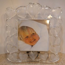 Glass SQ. Photo Frame W/ Satin Glass Hearts Holds 4.5x4.5 Beveled Edge NEW