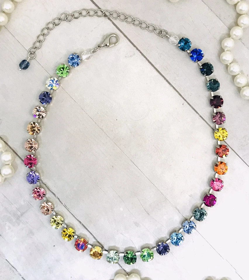 Collar de cristal con cadena de copa arco iris colorido plateado de 33 piedras
