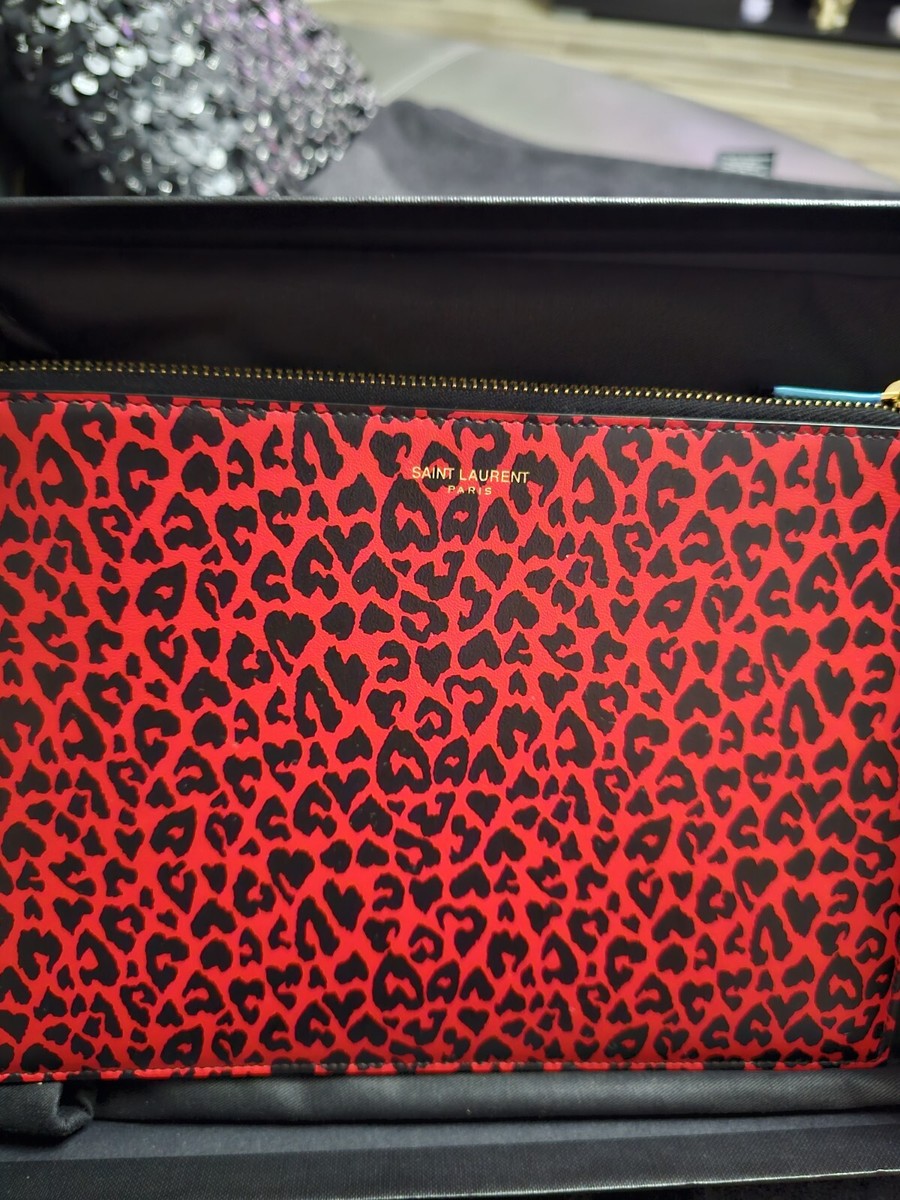 NWT YSL Saint Laurent Rouge Fiesta Calfskin Leather Zip Clutch