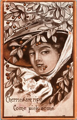 Art Nouveau Woman in Hat Cherries Are Ripe Come Pick Some Innuendo Postcard
