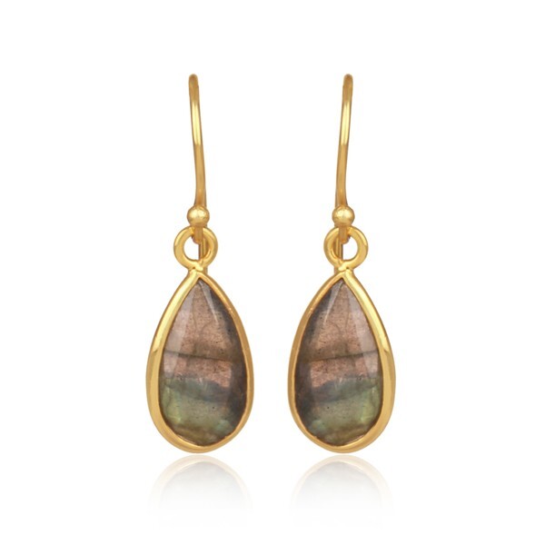 18k Gold Plated Wire Hook Earrings With Labradorite Anniversary Gift For Wife