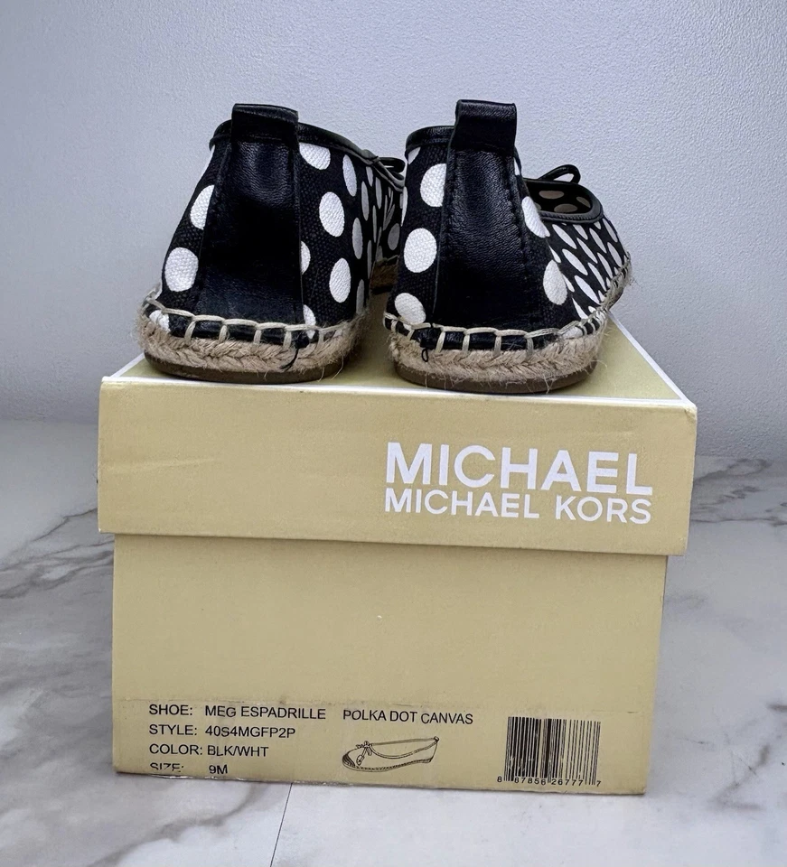 Michael Kors Meg Espadrille Flats Black Polka Dots Leather Trim Bows Sz 9M - Image 2 of 3