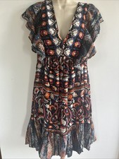 Multicolor Floral Ruffle Babydoll MIDI Boho Gypsy Dress L Large Hippie NEW
