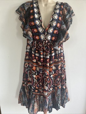 Multicolor Floral Ruffle Babydoll MIDI Boho Gypsy Dress L Large Hippie NEW
