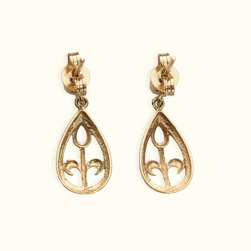 Aretes de oro amarillo macizo de 9 quilates con diseño de gota Fleur De Lys - Elegante regalo Foto 3 de 4