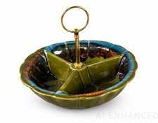 Atomic Avocado Green Ceramic Divided Nut Bowl Gold Handle Made In USA