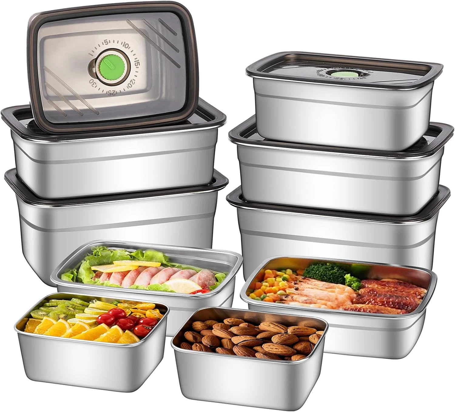 10-Piece Stainless Steel Food Storage Container Set with Airtight Lids - Durable