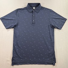 FootJoy School of Fish Print Lisle Self Collar Polo Shirt Mens Small Blue AOP