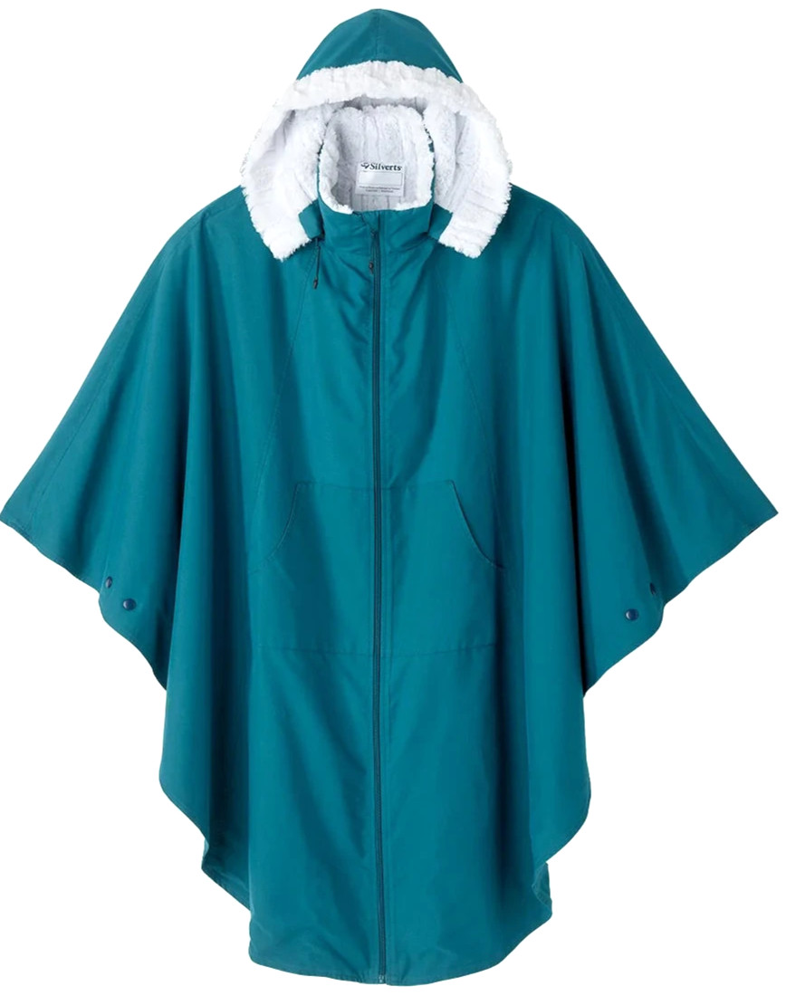 SILVERTS UNISEX LUXURIOUS WINTER WHEELCHAIR CAPE TEAL PONCHO HOOD FULL ZIP,SNAPS