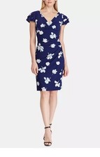 Lauren Ralph Lauren Blue White Floral V-Neck Side Gather Faux Wrap Dress Sz 4P