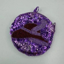Red Hat Society Purple Sequin Beaded Round Coin Purse Zipper Pouch Small Bag