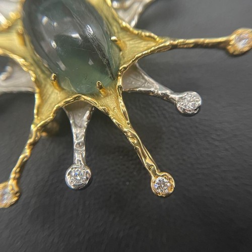 K18/Pt900 Yellow Gold Platinum Trapiche Emerald Diamond Brooch Pendant - Picture 9 of 11