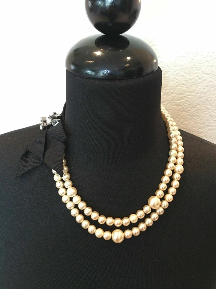 Lee Angel Neiman Marcus Pearlized Black Ribbon Crystal Bow Necklace NWT 259 