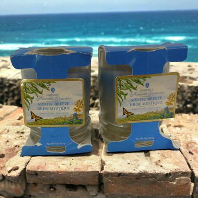Lot Of 2 Vintage Ambria Candle Jar Natural Elements Mystic Breeze 5 oz