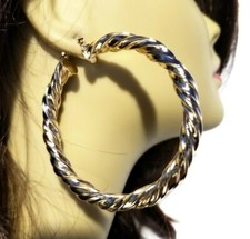 GOLD 4 INCH HOOP EARRINGS GOLD PLATED TEXTURED THICK ROUND TUBE HOOPS