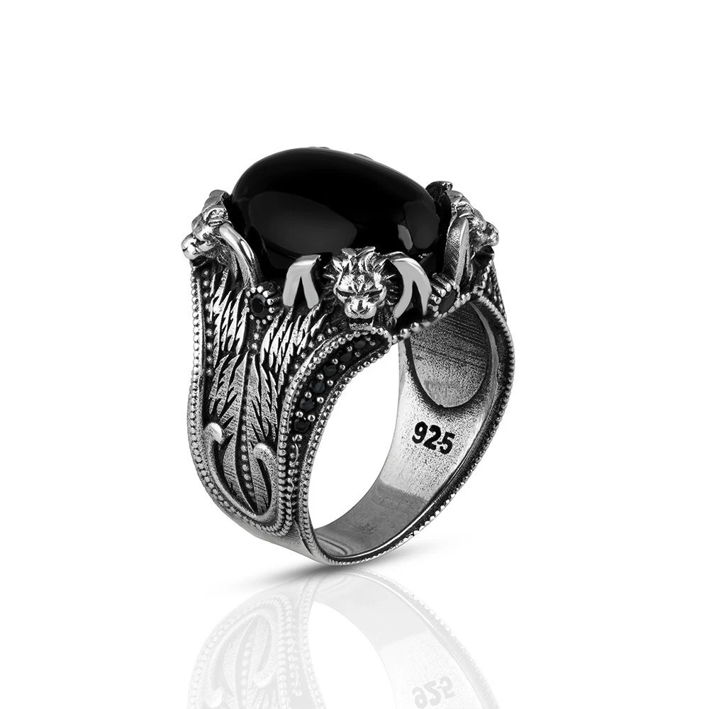 Lion Design Real Pure 925 Sterling Silver Ring Gothic Natural Black Zircon Stone