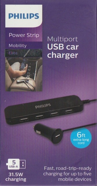 Philips DLK5506/37 Caricabatterie Auto Con 5 Porte USB E Cavo - 6 Piedi - Nuovo