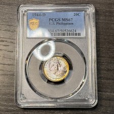 MS67 1944-D US Philippines Silver 20 Centavos, PCGS- Luster & Toned (POP 9/1)