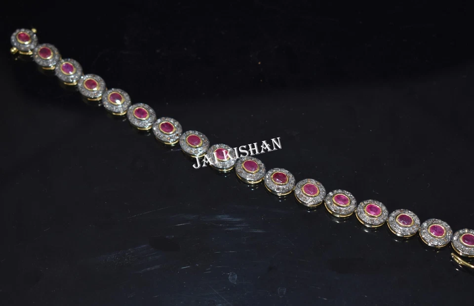 Pave Diamond Ruby Gemstone 925 Sterling Silver Statement Bracelet Jewelry - Image 3 of 4