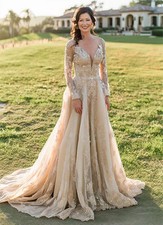 Elegant Champagne Wedding Dresses V-Neck Long Sleeves Lace Applique Bridal Gowns