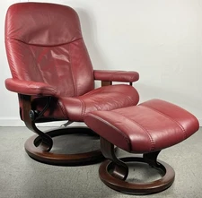 Ekornes Stressless Large Consul Wine Red Leather Swivel Recliner Chair & Ottoman