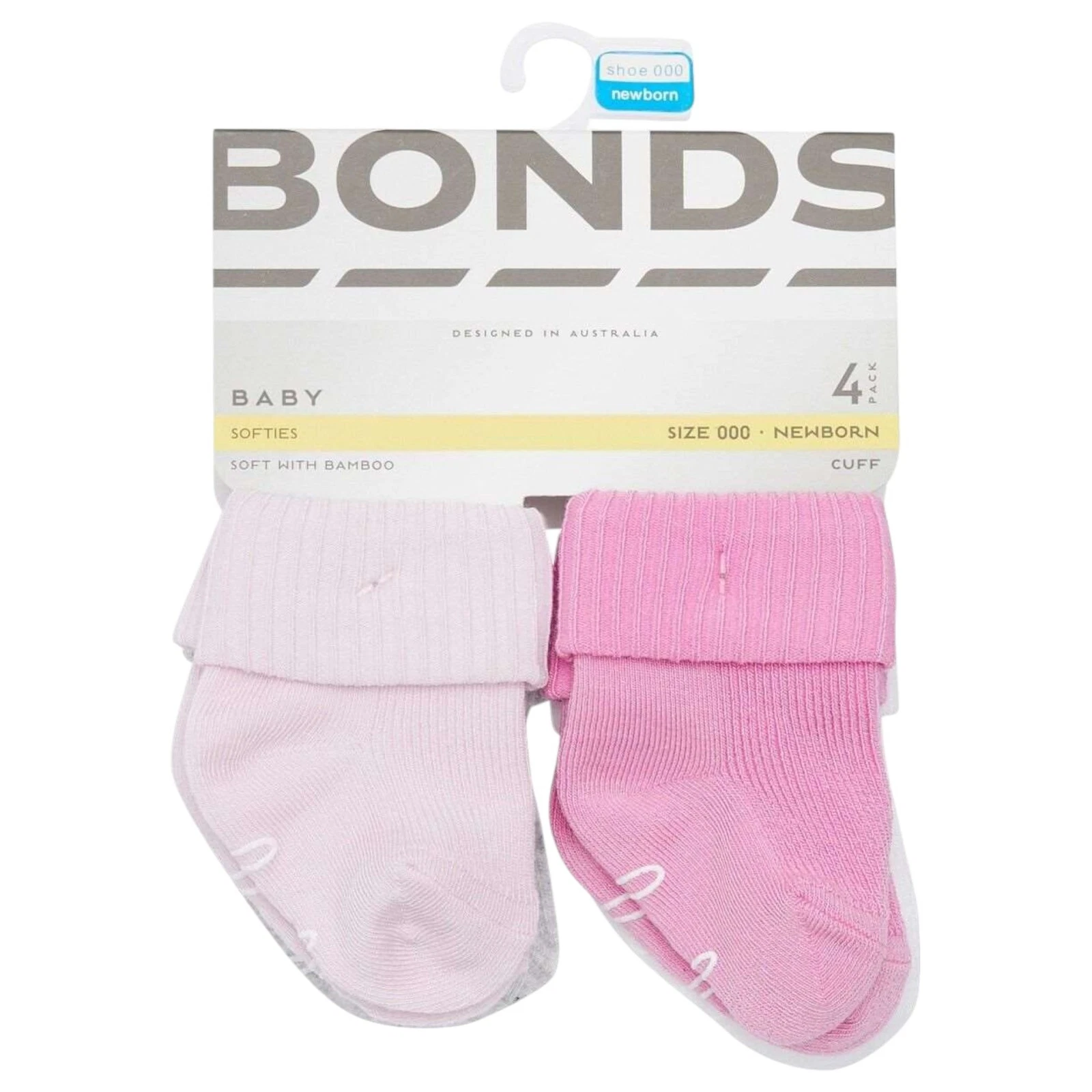 16 X Bonds Baby Super Soft Bamboo Cuff Pink/ Grey/ White Socks
