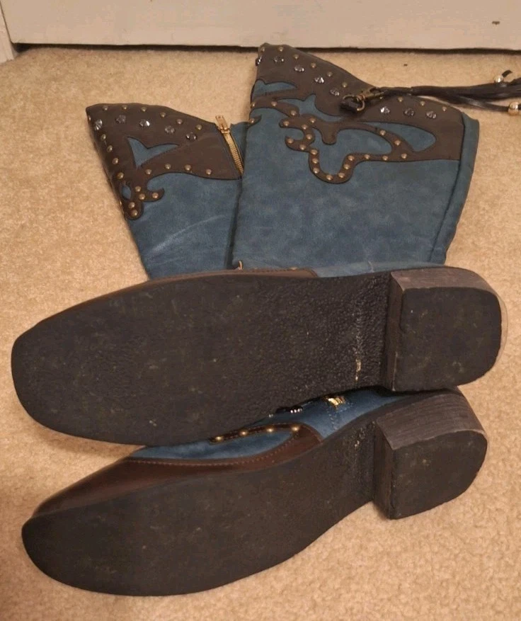 Women's Blue Brown Knee-High synthetic Western Boots Zipper-Tassels-Studs Size 9 - Image 2 of 4