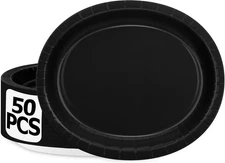 Black Oval Disposable Paper Plates 50 Ct, Large Party Dinnerware for Weddings