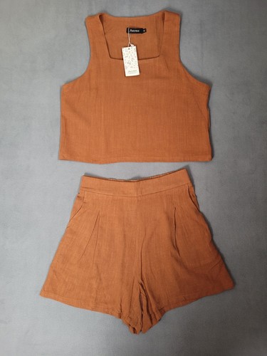 Automet Womens 2 Piece Outfit Lounge Set Linen Shorts Crop Top Outfit Medium