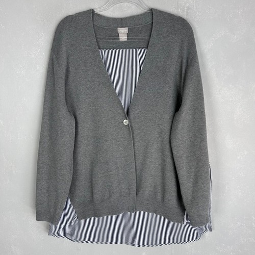 Chicos size 3 /XL shirting back cardigan sweater gray striped knit poplin preppy - Picture 1 of 13
