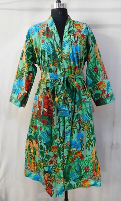 Indian Handmade 100% Cotton Frida Printed Bath Robe Dressing Gown Long Kimono