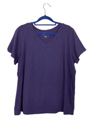 Eileen Fisher Organic Cotton Slubby Jersey Short Sleeve V-Neck Tee Purple 1X NEW