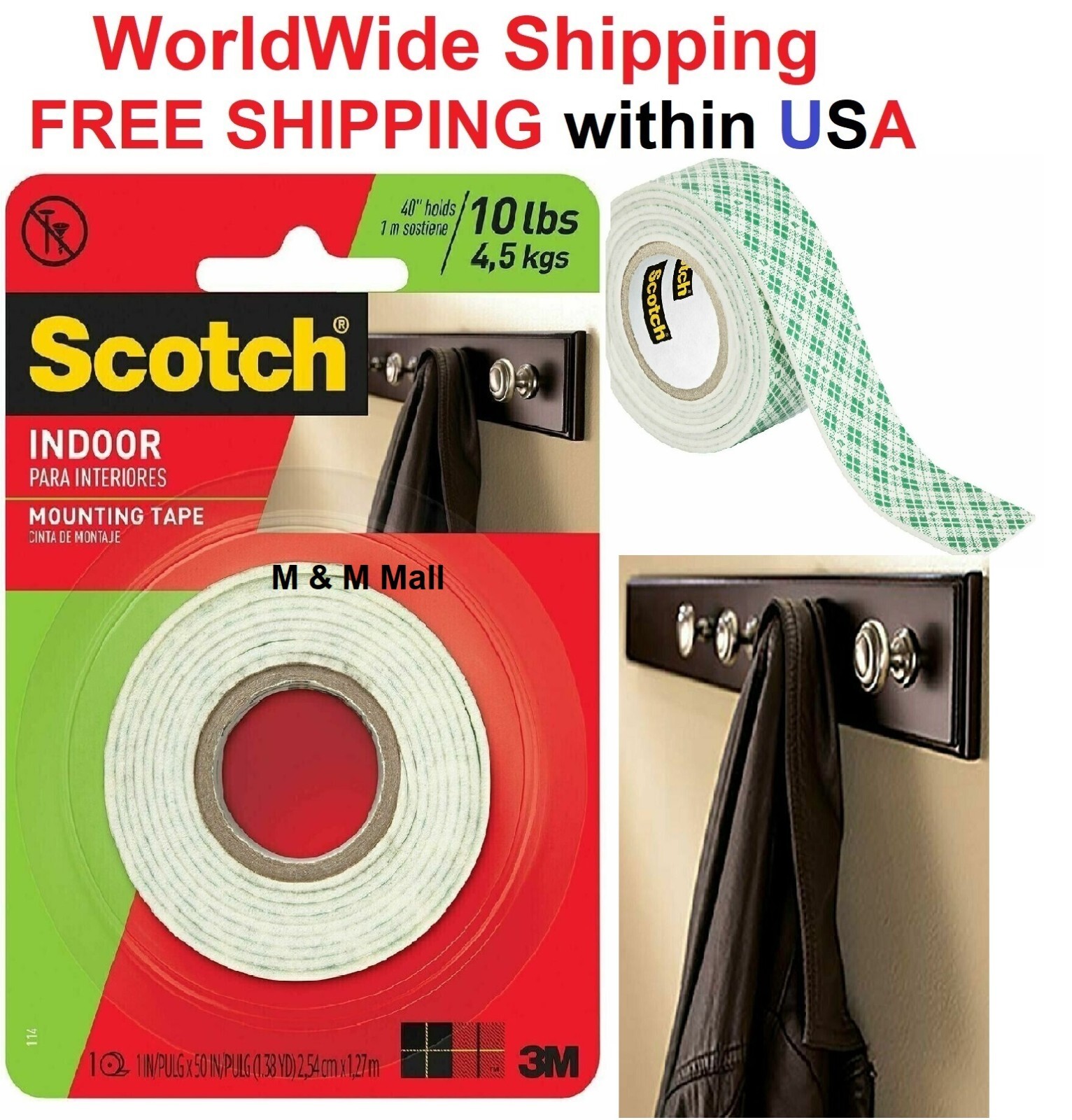 1 Packs 3M Scotch Indoor Mounting Tape Holds 10 lb Each Roll 1