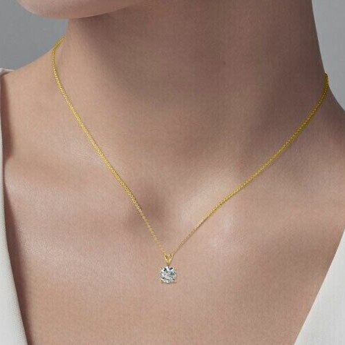 Neu 2 Karat Rund Brillantschliff Gra Moissanit Anhänger Kette 14k Gelb Vergoldet - Bild 2 von 6