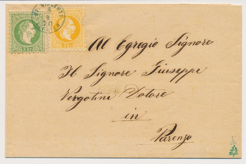 AUSTRIA EX PROVERA 1870 3+2kr, carta, SELLO AZUL SANTA PROVINCIA/ISTRIA Kl:140P!