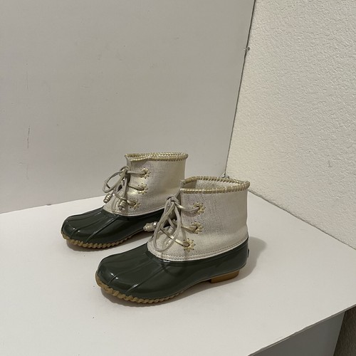 JACK ROGERS Green & Metallic Gold Waterproof Insulted Duck Boots Lace Up Size 7 - Picture 2 of 11