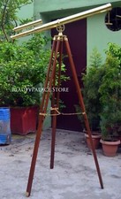 39" NAUTICAL DOUBLE BARREL BRASS TELESCOPE WITH WOODEN ADJUSTABLE TRIPOD STAND