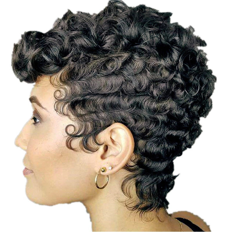 Peluca ondulada cabeza completa corta negra dama mujer cabello sintético rizado aspecto natural Foto 4 de 4