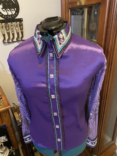 Western All Day Purple Stretch Taffeta Hidden Zipper Retro Horse Show Day Shirt - Picture 5 of 7