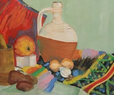 VINTAGE REALIST PAINTING GOUACHE STILL LIFE WITH FRUTS AND MORTAR