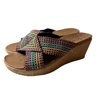 Skechers Woven Beverlee Delighted Mid Heel Wedge Sandals Luxe Foam Women Sz 7