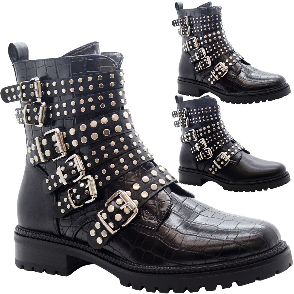 Ladies Ankle Strap Biker Boots Womens 