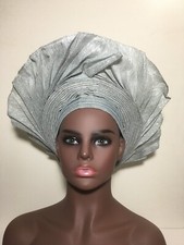 Aso-Oke Auto Gele, Silver Nigerian Auto Gele, Black women head wrap