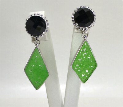 OHRRINGE SILBER 925 ONYX FACETTIERT UND JADE GRÜN RAUTE AGHT 0251