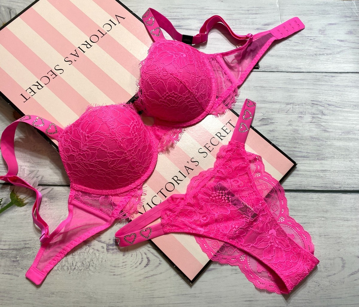 Victoria’s Secret Very Sexy Lace Hearts Shine Strap Push-Up Bra Set Pink