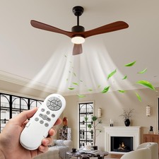 52" Ceiling Fan Wood Blades 24W Dimmable LED 6 Speed Reversible DC Remote Brown